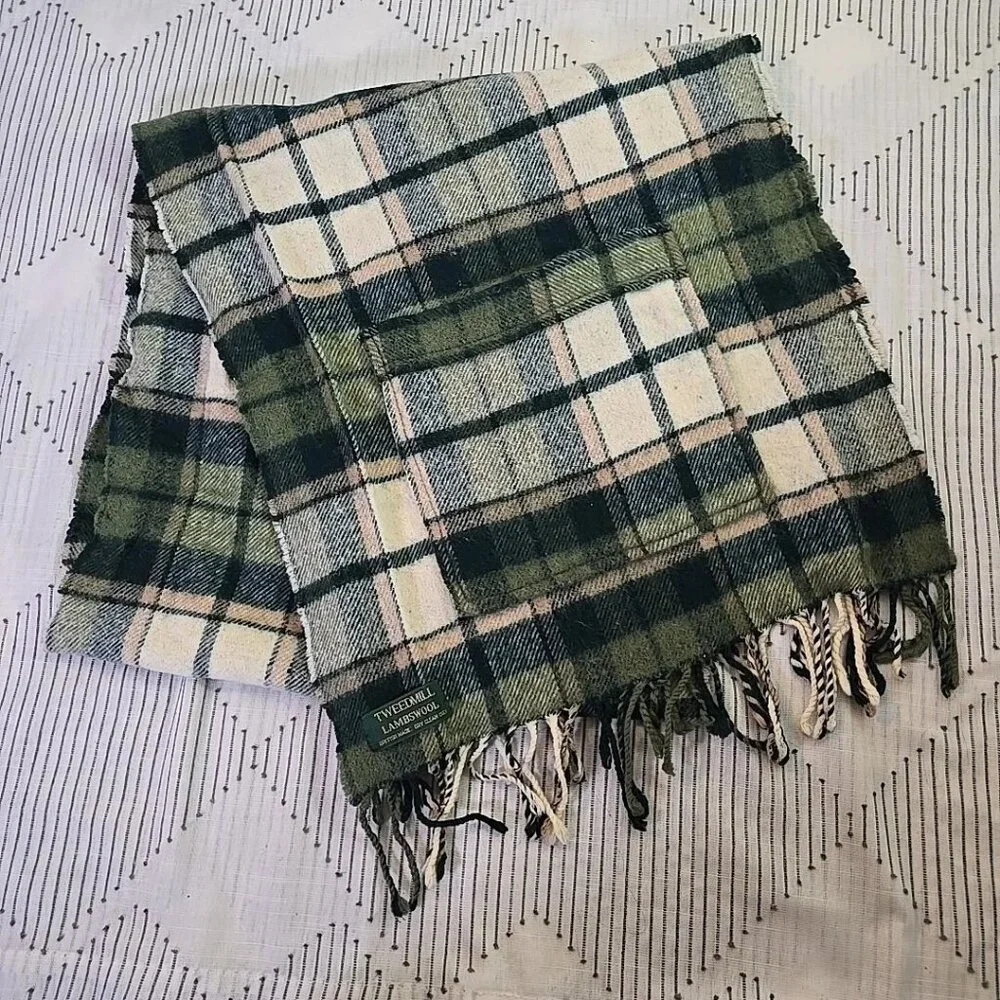 TWEEDMILL Lambswool Scarf Britain Green Plaid w/ Fringe & Pocket 64